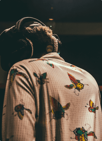 Man Back Turned With Headphones And Butterflies Jumper